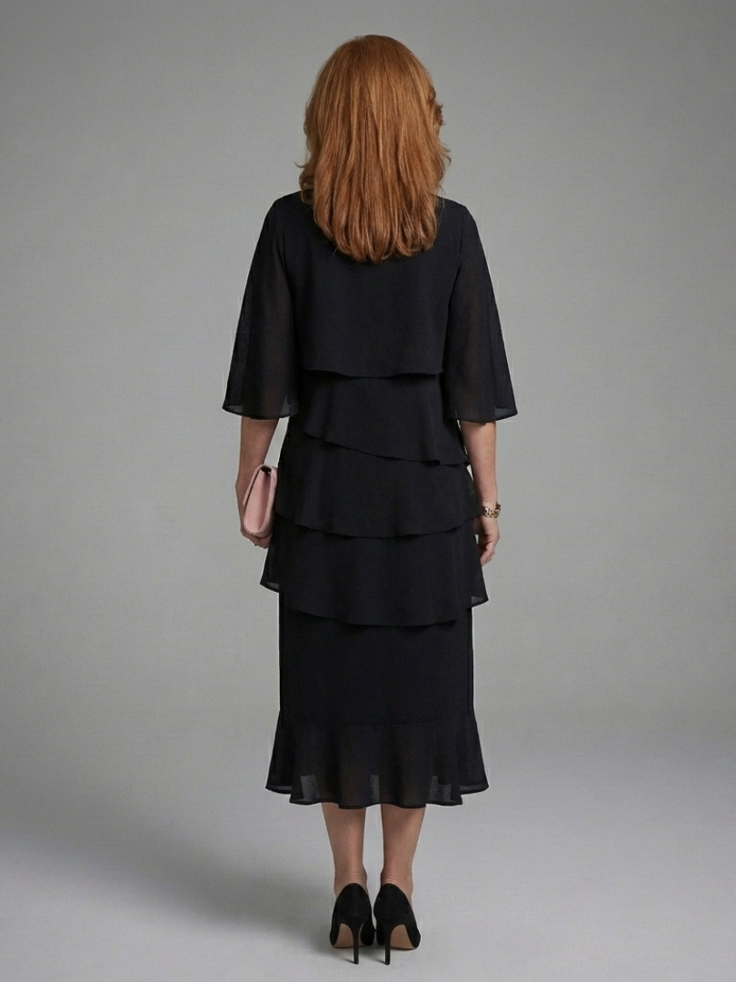 Elegant Black Tiered Fall Wedding Guest Dress with Round Neck Flutter Sleeve Ruffle Hem