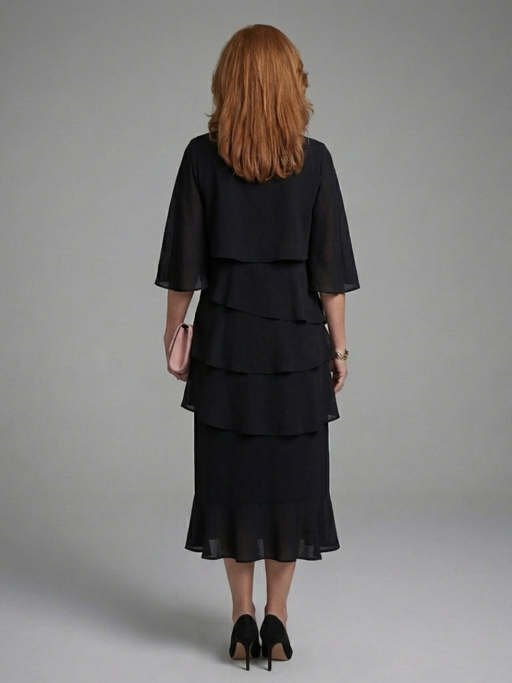 Elegant Black Tiered Fall Wedding Guest Dress with Round Neck Flutter Sleeve Ruffle Hem
