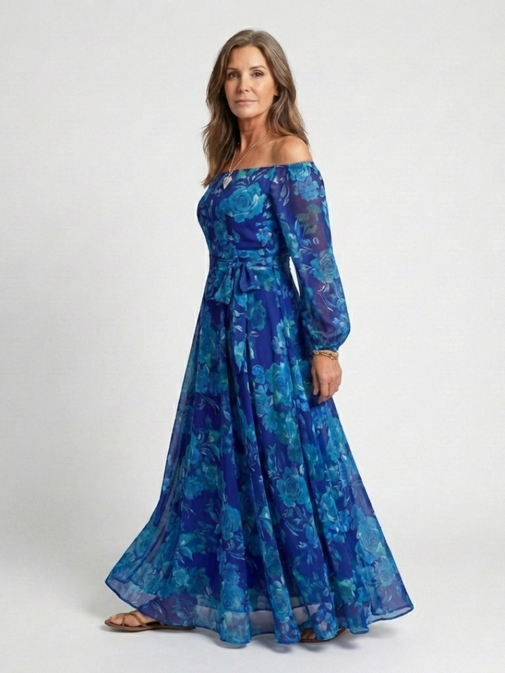 Elegant Blue Floral Fall Wedding Guest Dress with Off Shoulder Long Sleeve Sash Tie