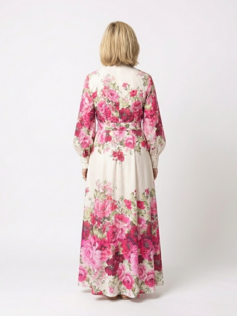 Elegant Pink Floral Autumn Wedding Guest Dress with Mandarin Collar Long Sleeve Belted