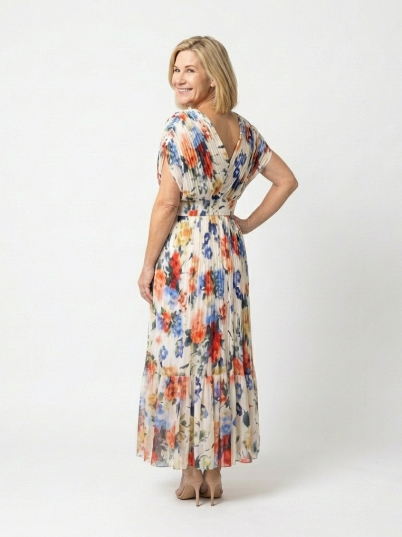 Elegant Ivory Floral Pleated Fall Wedding Guest Dress with V Neck Tiered Ruffle Flowing