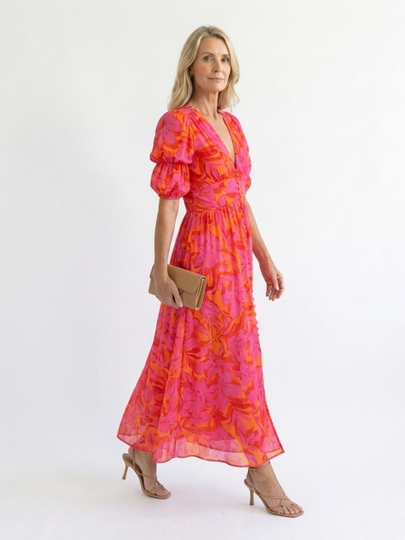 Elegant Pink Orange Floral Fall Wedding Guest Dress with V Neck Puff Sleeve Button Front