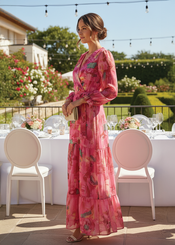Nicole | Elegant Pink Maxi Dress for Women with Floral Wrap Style