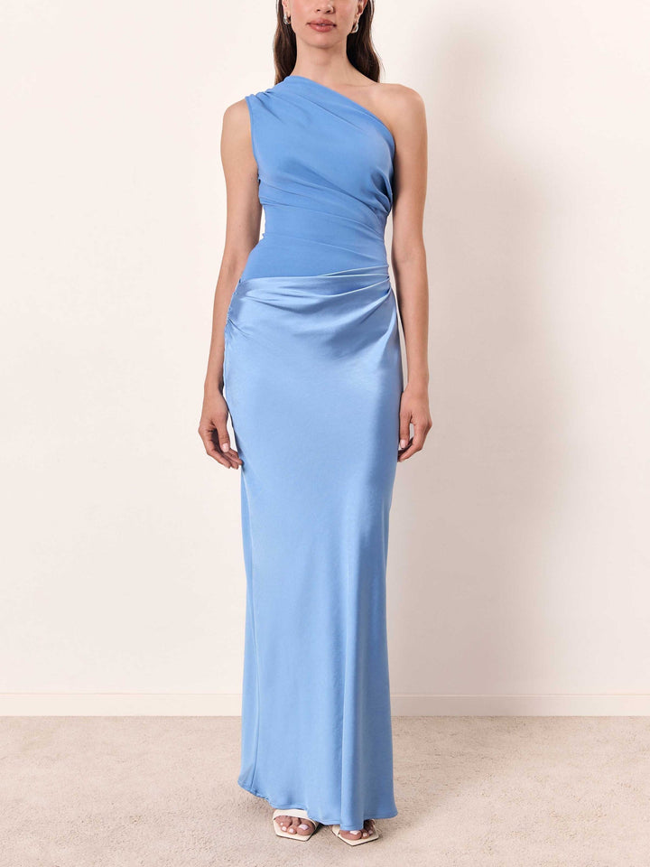 Elegant Satin Maxi Dress with One Shoulder Ruched Waist Bias Cut Formal Wedding Guest