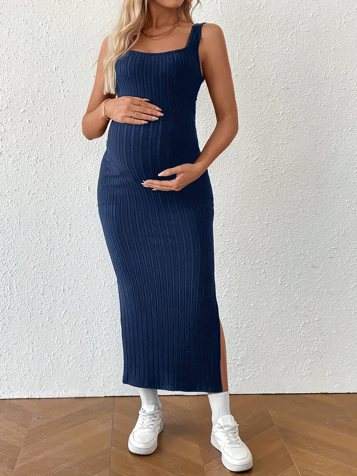 Elegant Ribbed Knit Maternity Maxi Dress with Square Neck Crisscross Back Bodycon