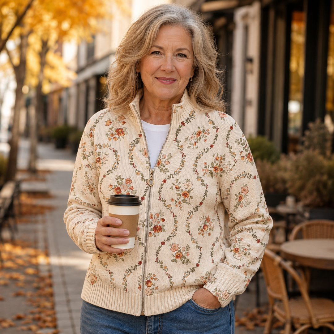 Persephone | Delicate Floral Vine Cream Print Zip Cardigan