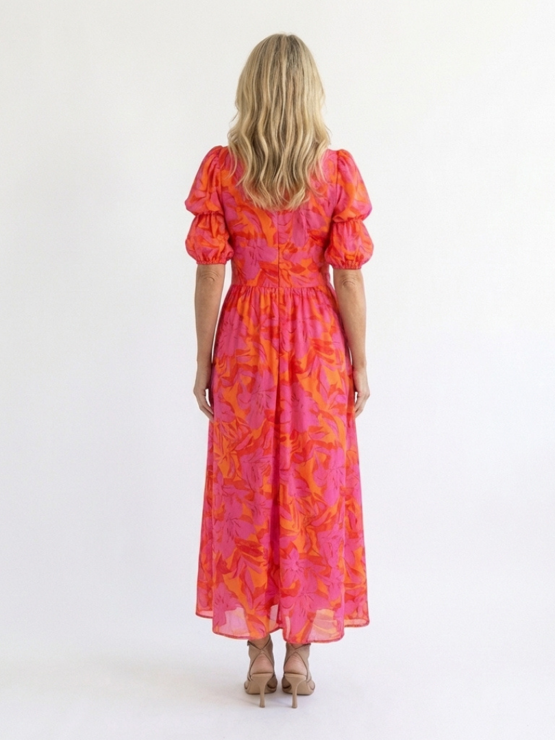 Elegant Pink Orange Floral Fall Wedding Guest Dress with V Neck Puff Sleeve Button Front