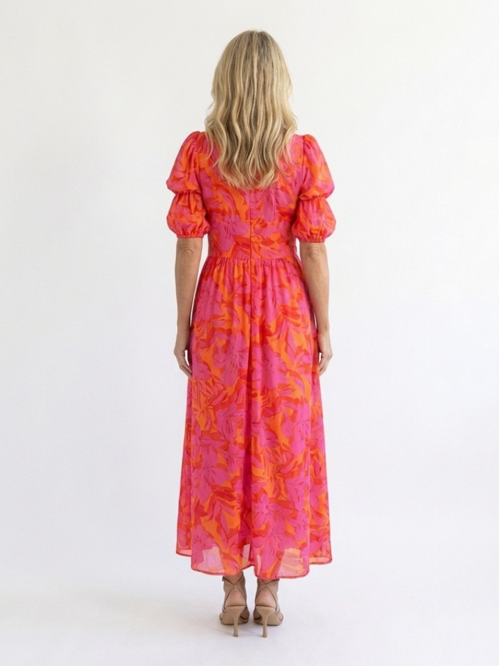 Elegant Pink Orange Floral Fall Wedding Guest Dress with V Neck Puff Sleeve Button Front