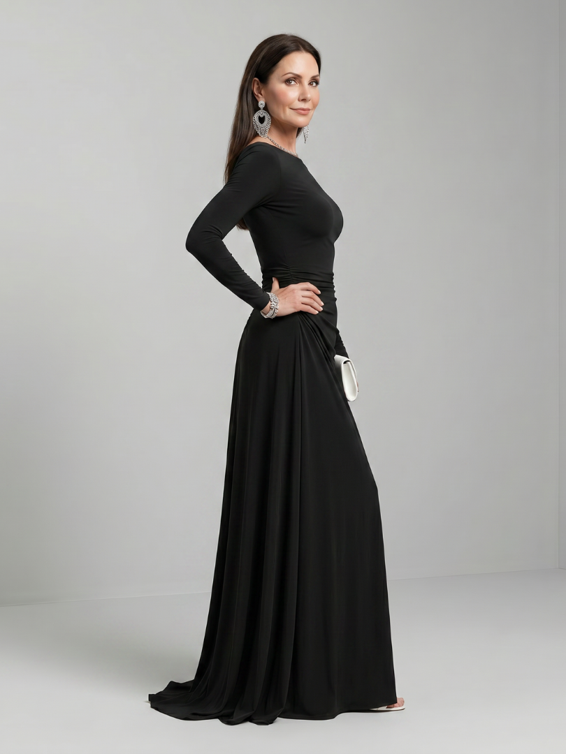 Elegant Black Long Sleeve Autumn Wedding Guest Dress with Boat Neck Ruched Draped Column