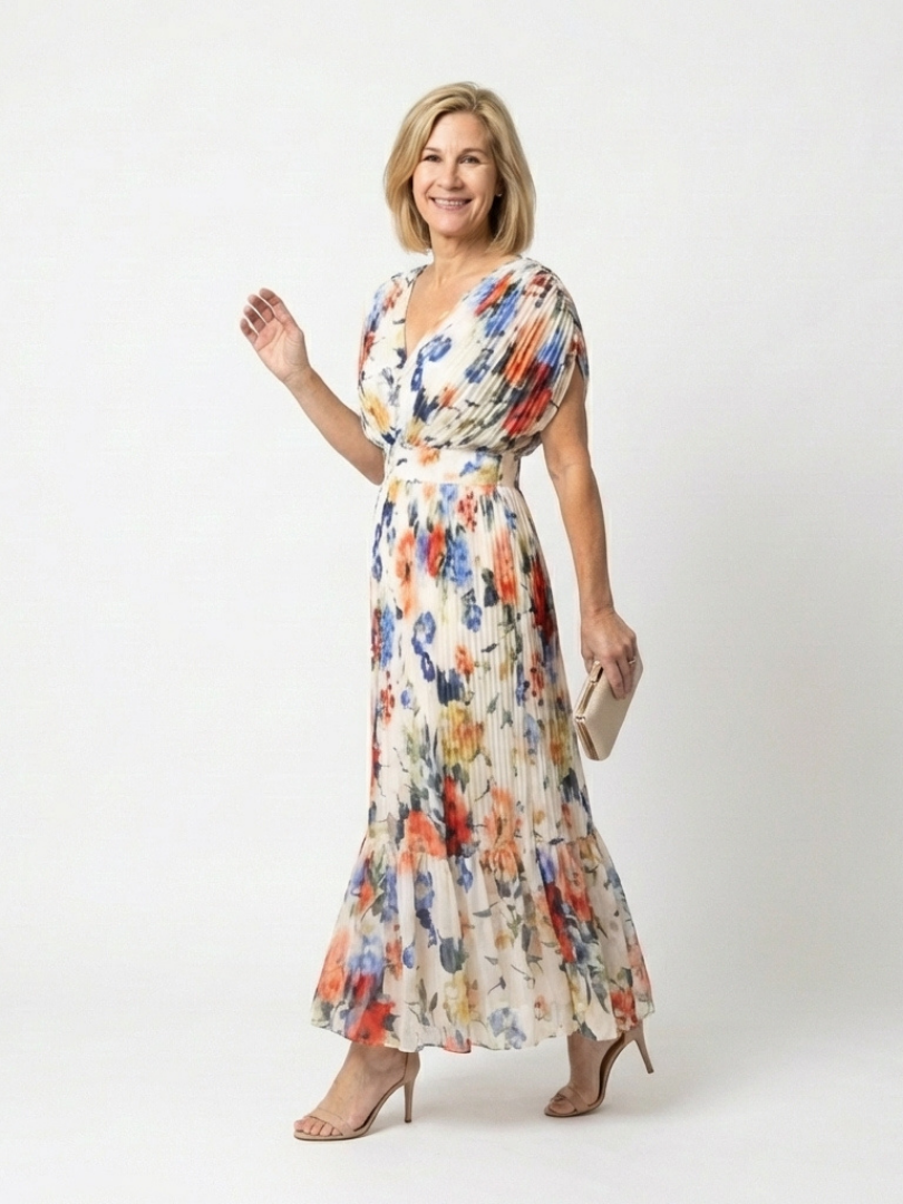 Elegant Ivory Floral Pleated Fall Wedding Guest Dress with V Neck Tiered Ruffle Flowing