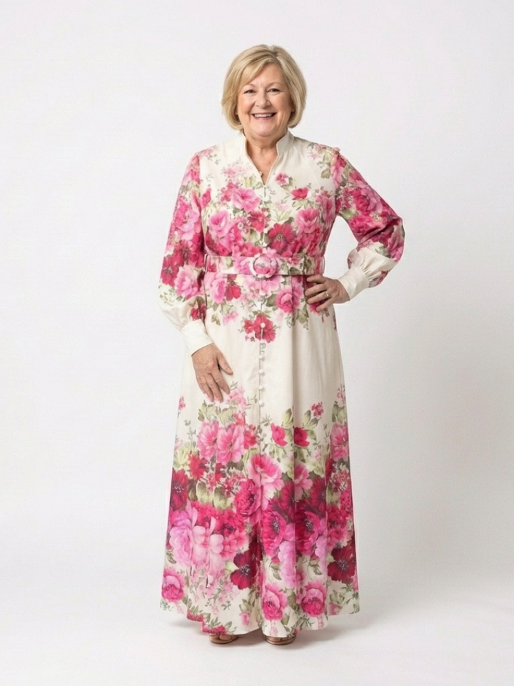Elegant Pink Floral Autumn Wedding Guest Dress with Mandarin Collar Long Sleeve Belted