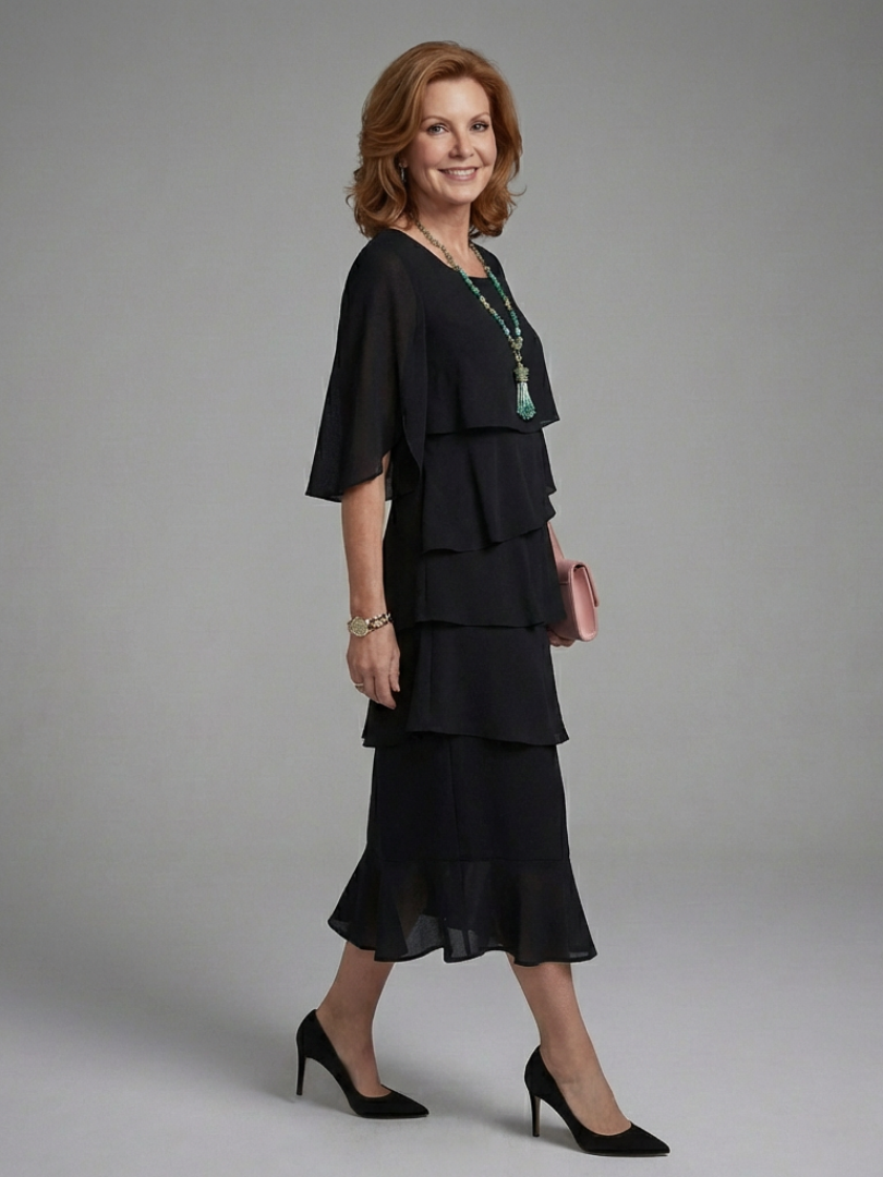 Elegant Black Tiered Fall Wedding Guest Dress with Round Neck Flutter Sleeve Ruffle Hem