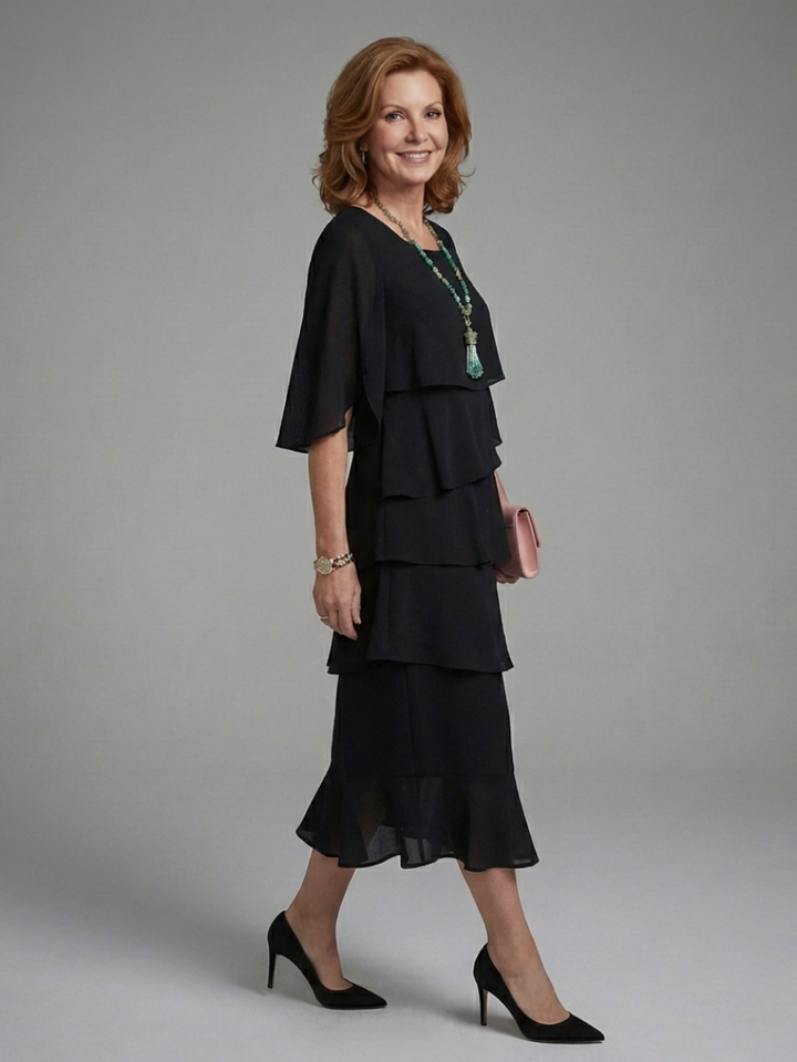 Elegant Black Tiered Fall Wedding Guest Dress with Round Neck Flutter Sleeve Ruffle Hem