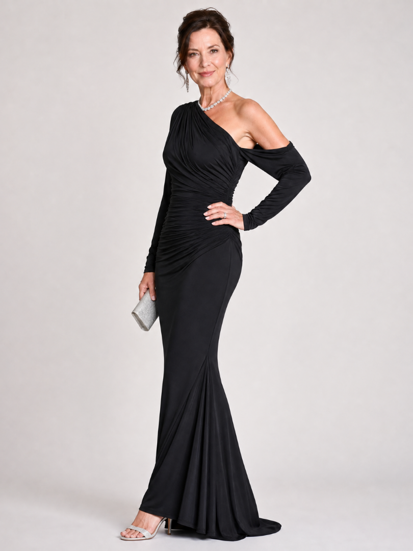 Elegant Black Maxi Dress with One Shoulder Long Sleeve Ruched Fitted Wedding Guest