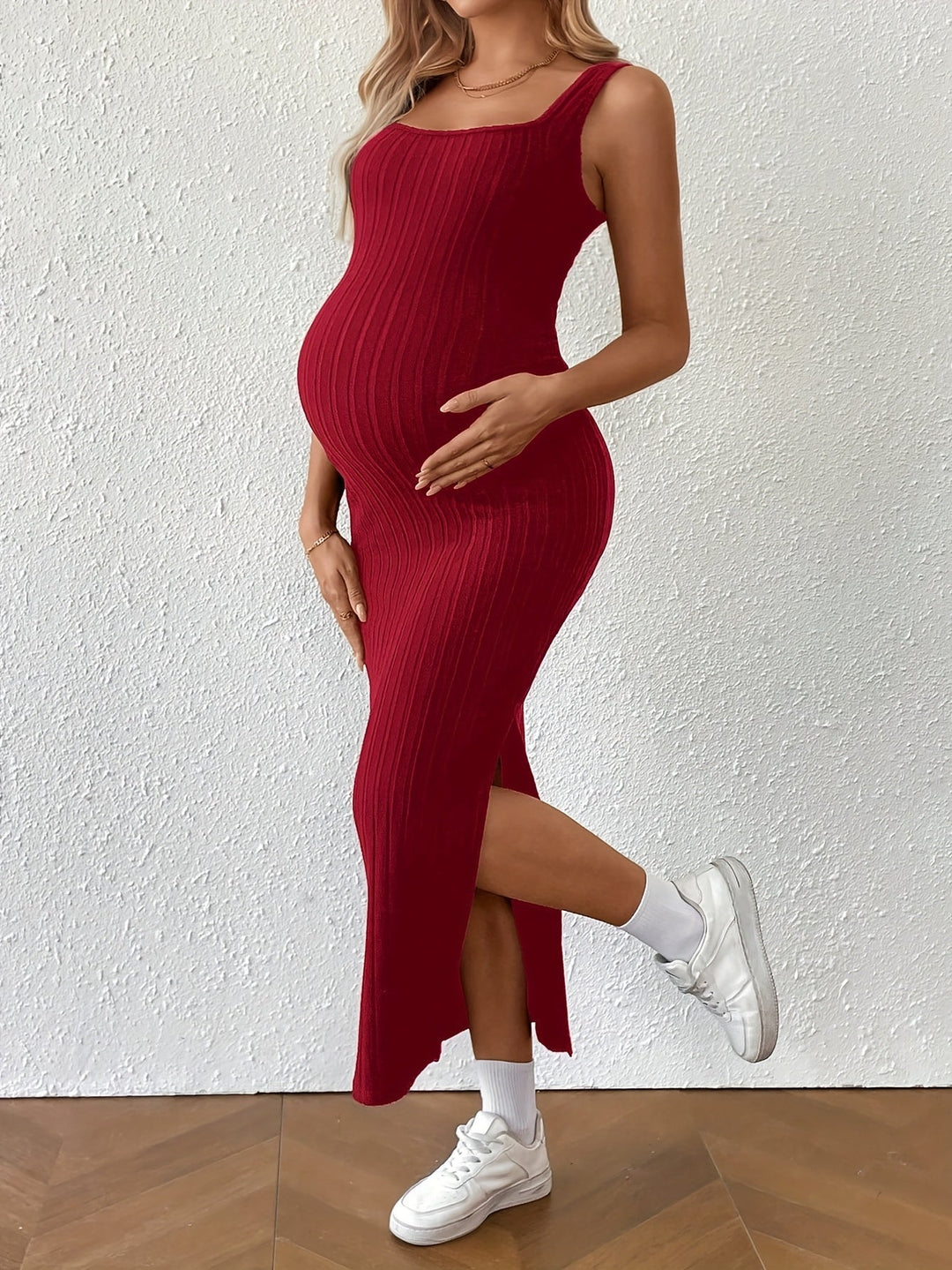 Elegant Ribbed Knit Maternity Maxi Dress with Square Neck Crisscross Back Bodycon