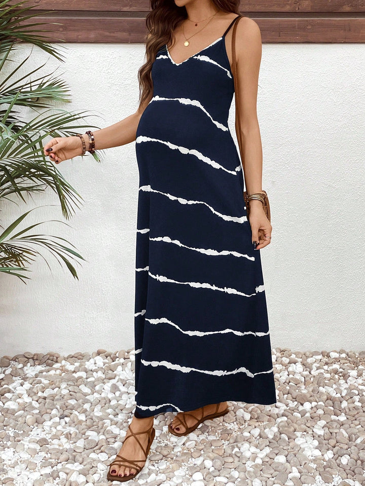Elegant Navy Tie Dye Maternity Maxi Dress with V Neck Spaghetti Strap Flowing Bohemian