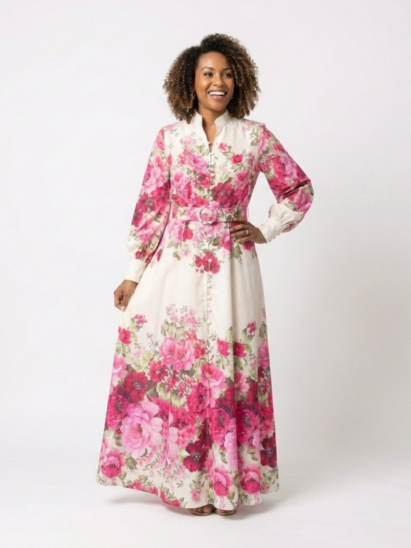 Elegant Pink Floral Autumn Wedding Guest Dress with Mandarin Collar Long Sleeve Belted