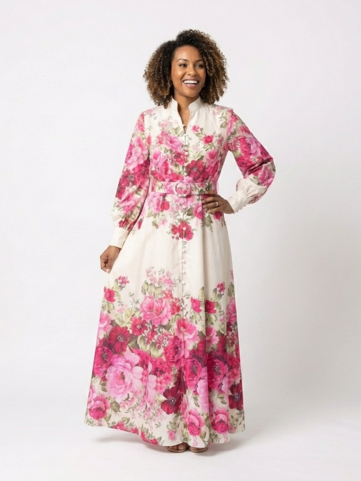 Elegant Pink Floral Autumn Wedding Guest Dress with Mandarin Collar Long Sleeve Belted