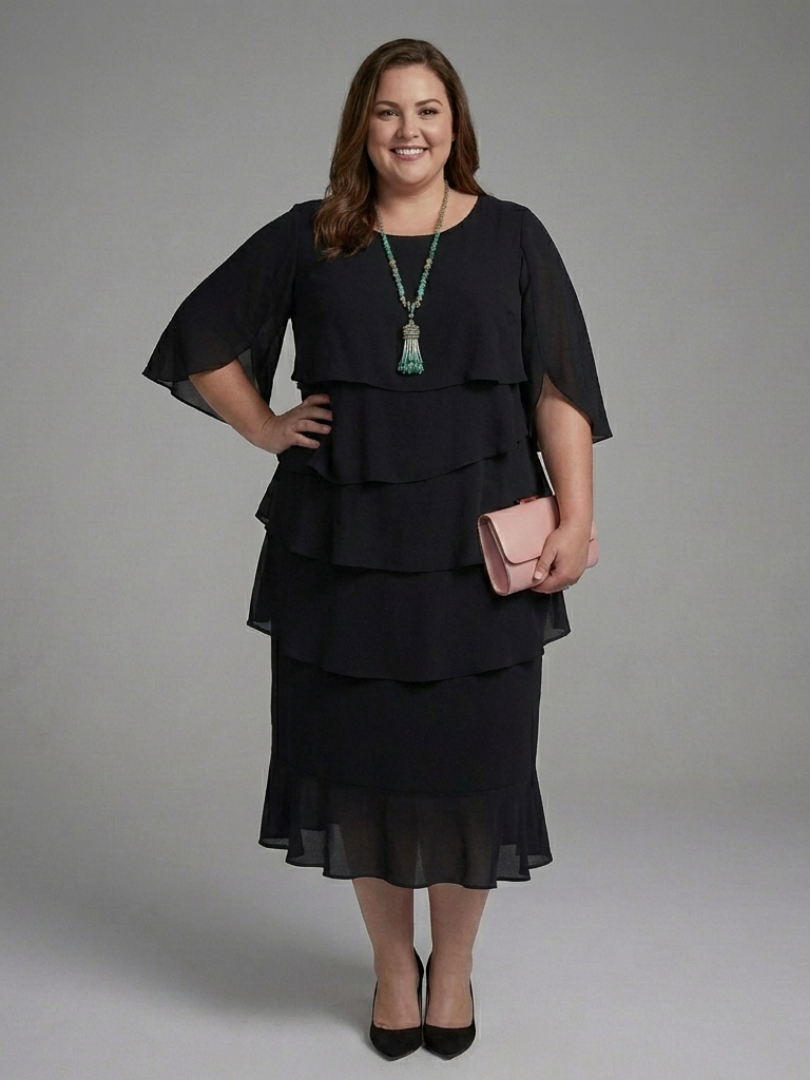 Elegant Black Tiered Fall Wedding Guest Dress with Round Neck Flutter Sleeve Ruffle Hem