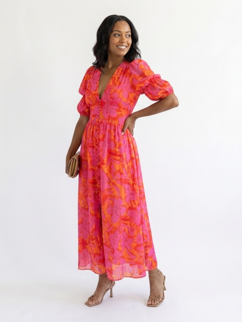 Elegant Pink Orange Floral Fall Wedding Guest Dress with V Neck Puff Sleeve Button Front