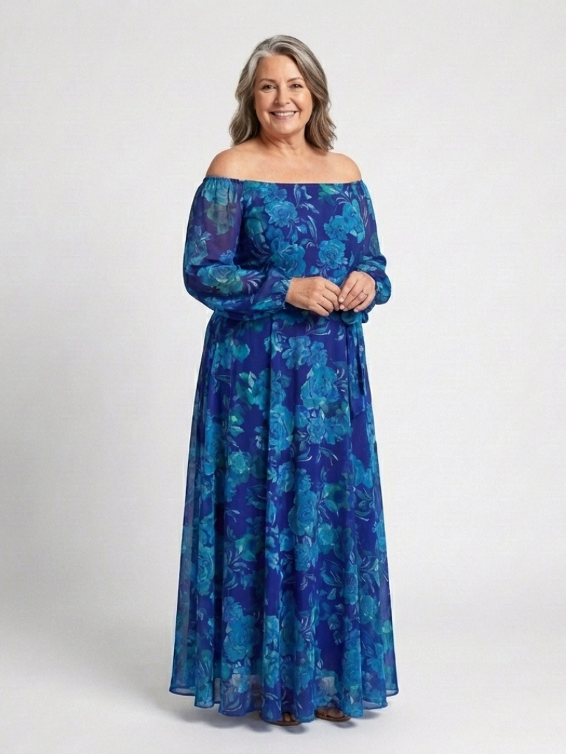Elegant Blue Floral Fall Wedding Guest Dress with Off Shoulder Long Sleeve Sash Tie