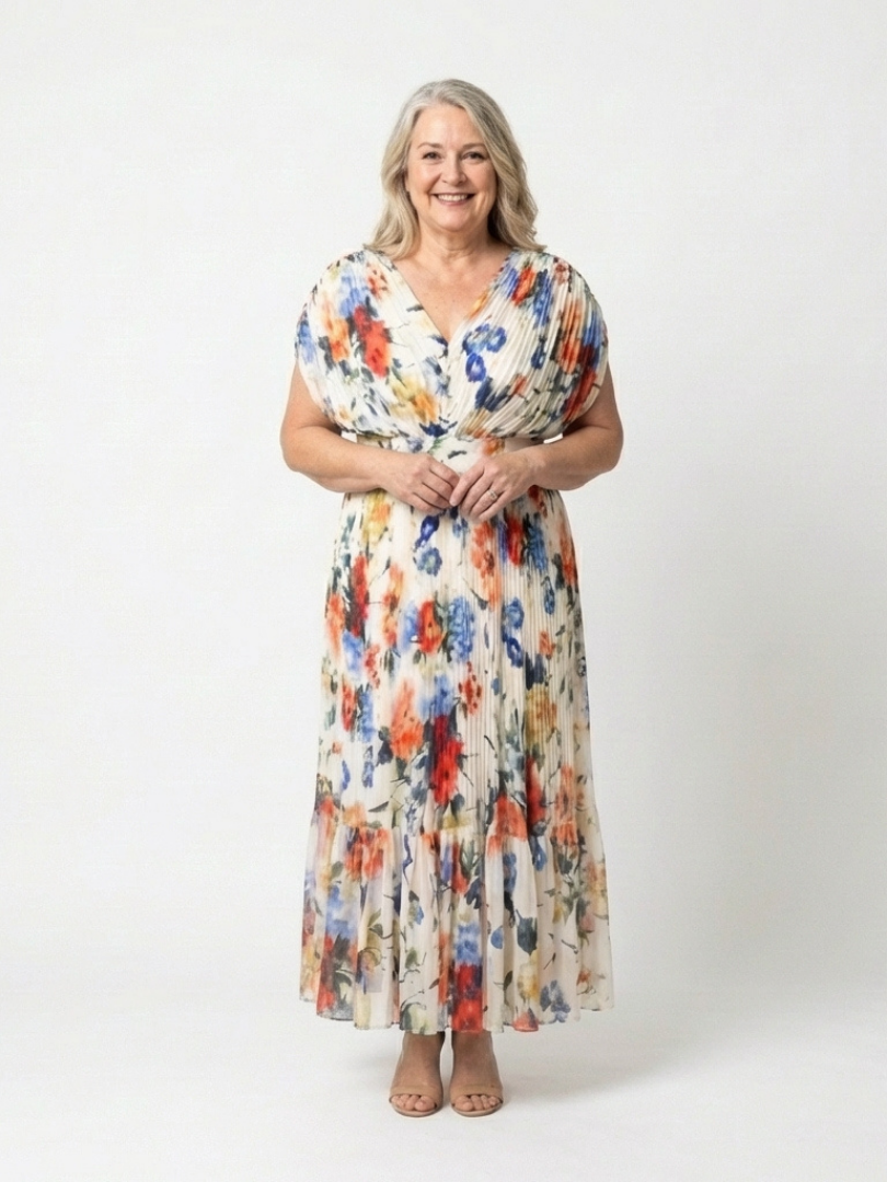 Elegant Ivory Floral Pleated Fall Wedding Guest Dress with V Neck Tiered Ruffle Flowing