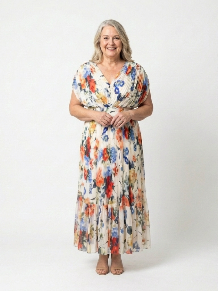 Elegant Ivory Floral Pleated Fall Wedding Guest Dress with V Neck Tiered Ruffle Flowing