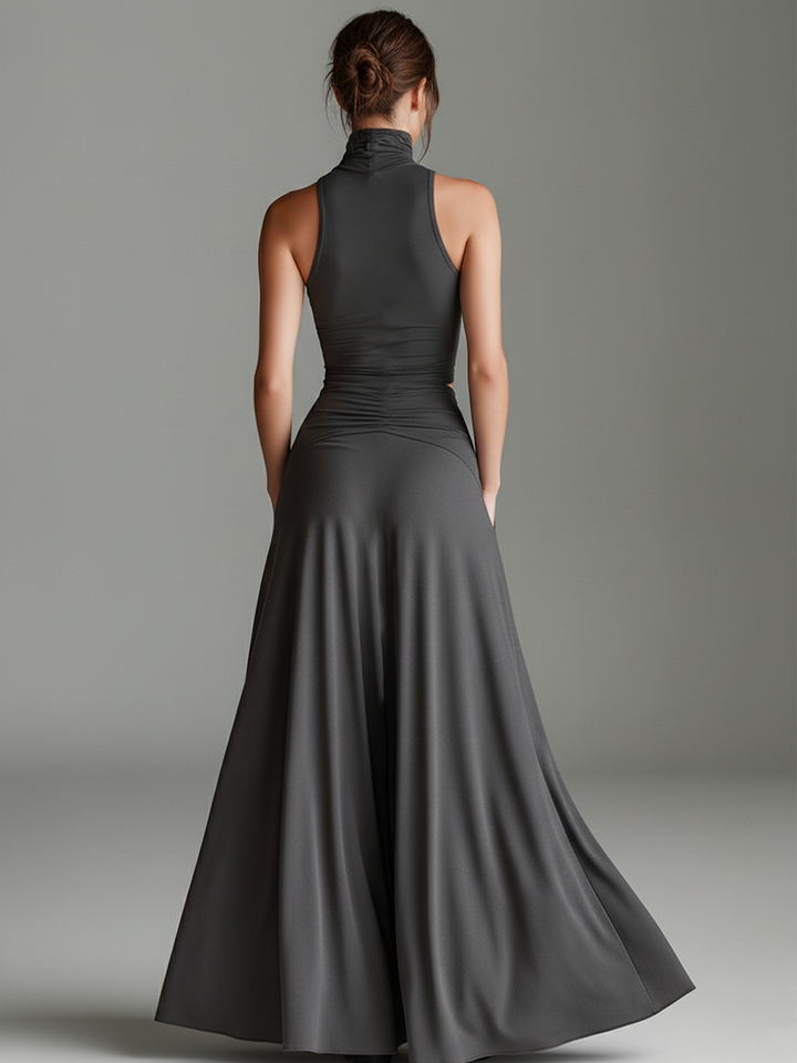 Elegant Gray Maxi Dress with Turtleneck Halter Cutout Waist Ruched Skirt Formal