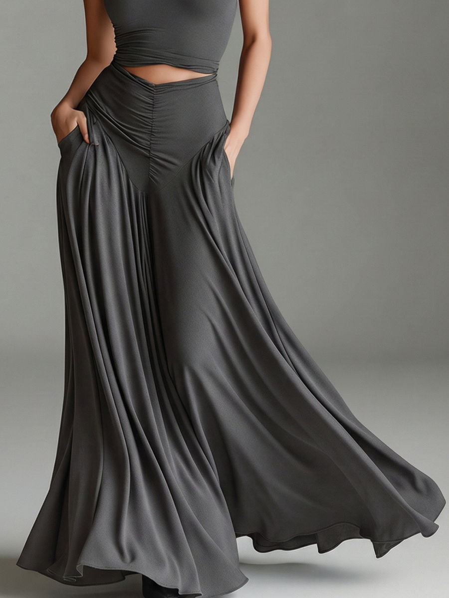 Elegant Gray Maxi Dress with Turtleneck Halter Cutout Waist Ruched Skirt Formal