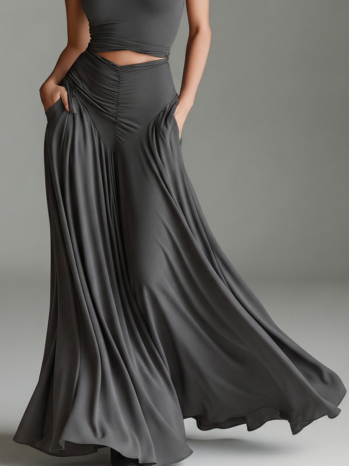 Elegant Gray Maxi Dress with Turtleneck Halter Cutout Waist Ruched Skirt Formal