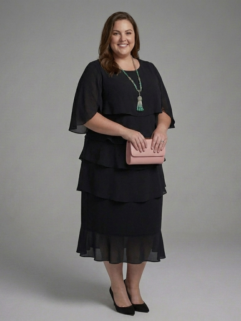 Elegant Black Tiered Fall Wedding Guest Dress with Round Neck Flutter Sleeve Ruffle Hem