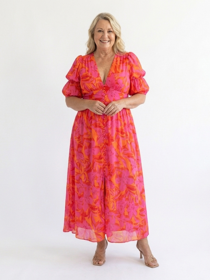 Elegant Pink Orange Floral Fall Wedding Guest Dress with V Neck Puff Sleeve Button Front
