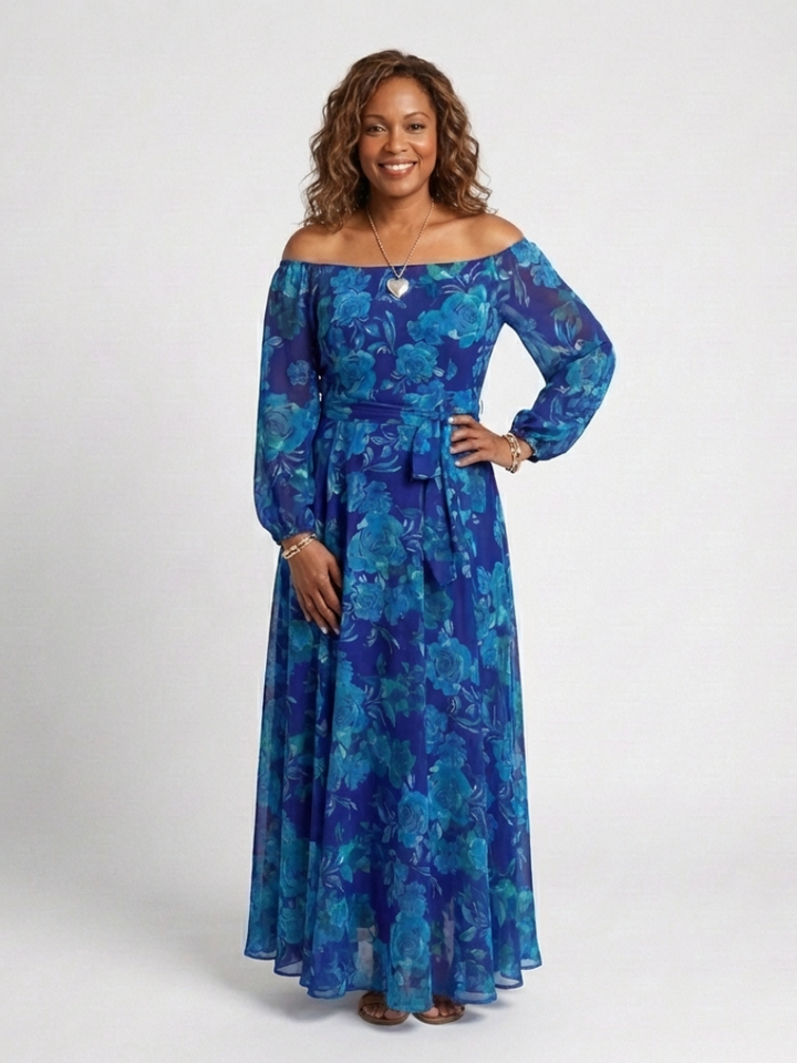 Elegant Blue Floral Fall Wedding Guest Dress with Off Shoulder Long Sleeve Sash Tie