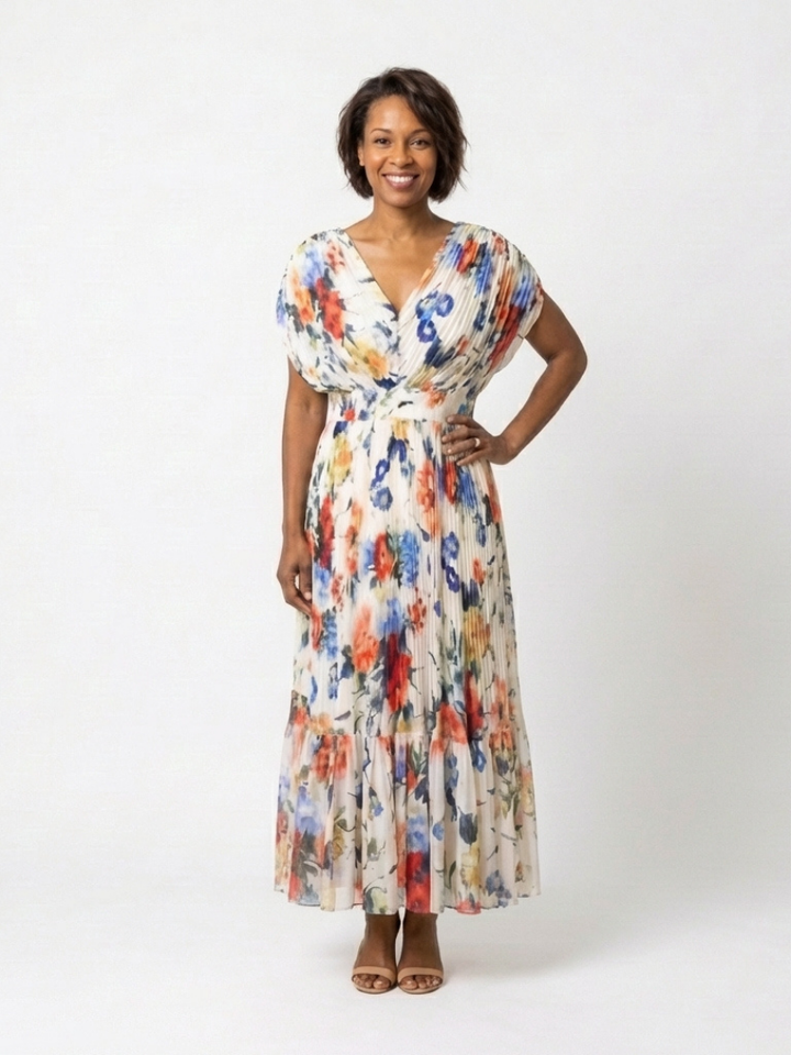 Elegant Ivory Floral Pleated Fall Wedding Guest Dress with V Neck Tiered Ruffle Flowing