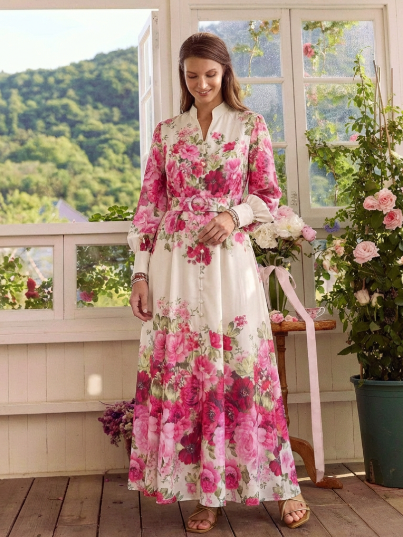 Elegant Pink Floral Autumn Wedding Guest Dress with Mandarin Collar Long Sleeve Belted