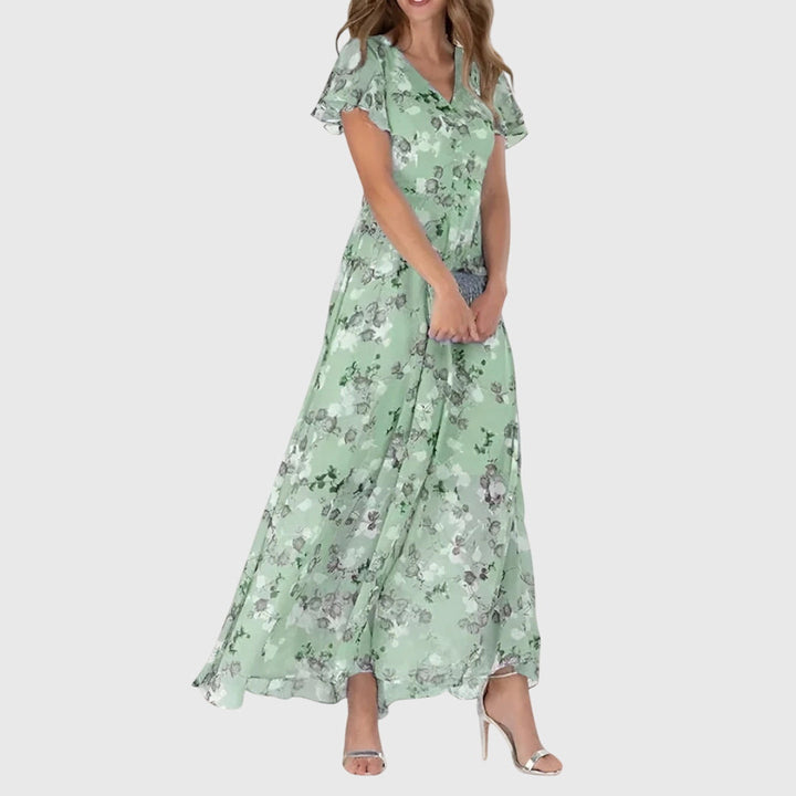 Effortless Floral Maxi Dress for Women with V Neck Flutter Sleeve Flowing Chiffon Boho Style