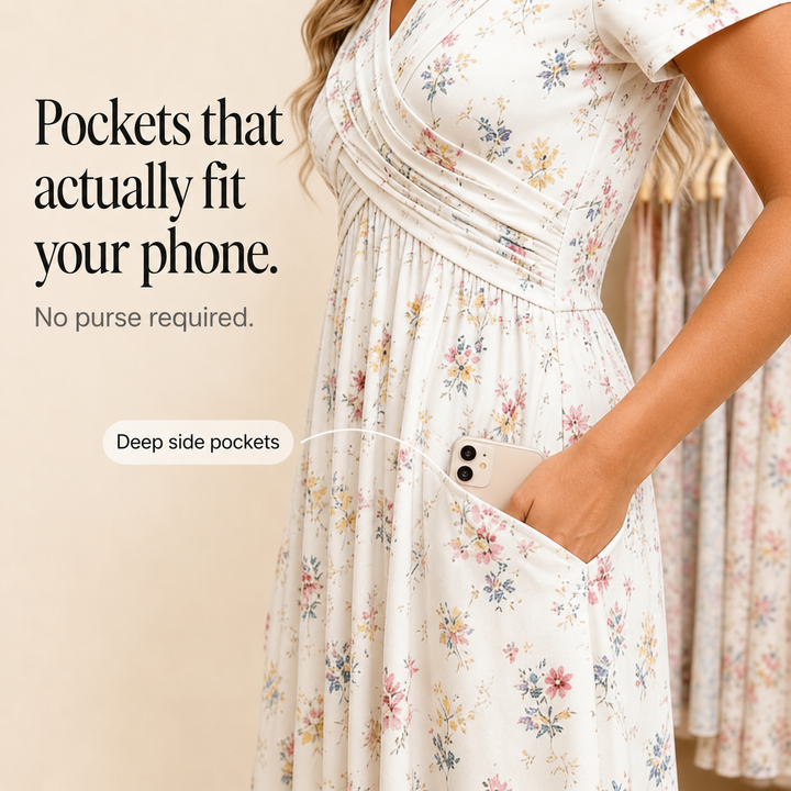 Effortless Floral Midi Dress with V Neck Crisscross Waist Fall Wedding Guest Style