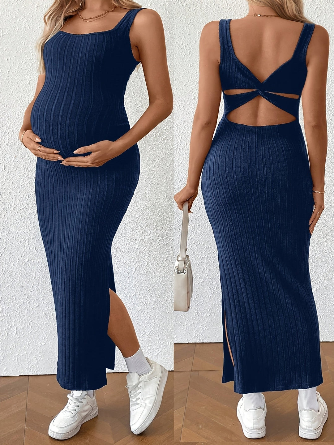 Elegant Ribbed Knit Maternity Maxi Dress with Square Neck Crisscross Back Bodycon