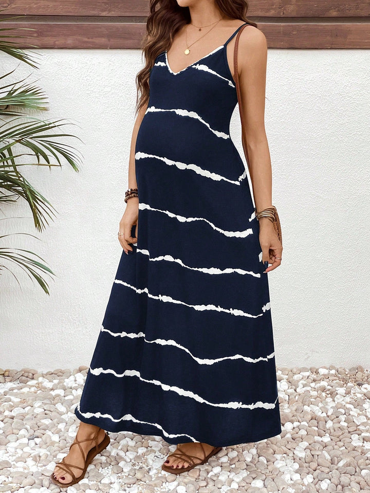 Elegant Navy Tie Dye Maternity Maxi Dress with V Neck Spaghetti Strap Flowing Bohemian