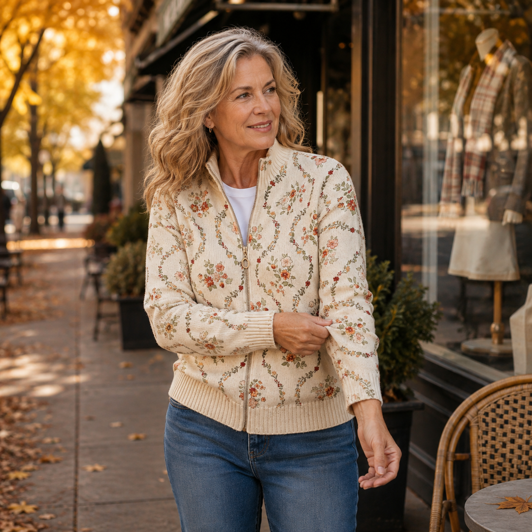 Persephone | Delicate Floral Vine Cream Print Zip Cardigan