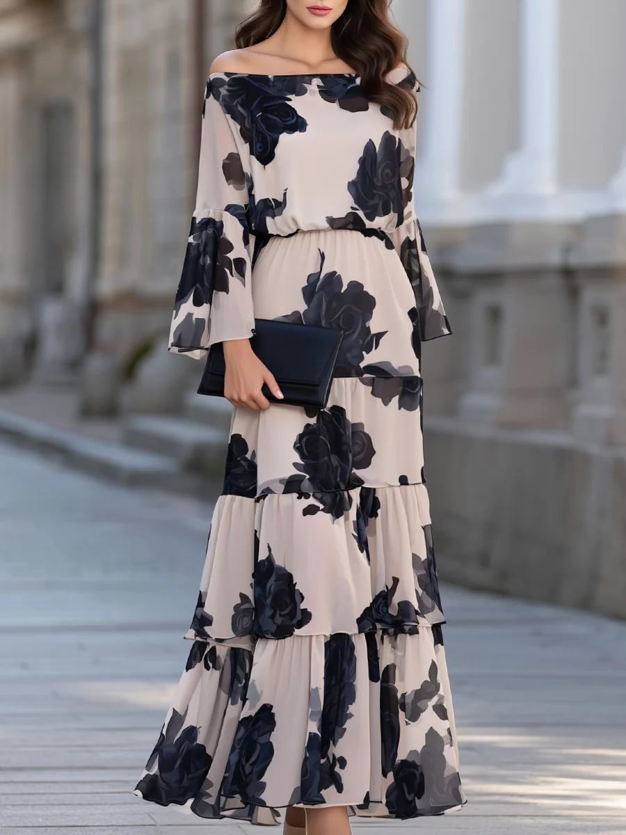 Elegant Beige Floral Off-Shoulder Tiered Maxi Dress with Bell Sleeve Ruffle Hem Bohemian
