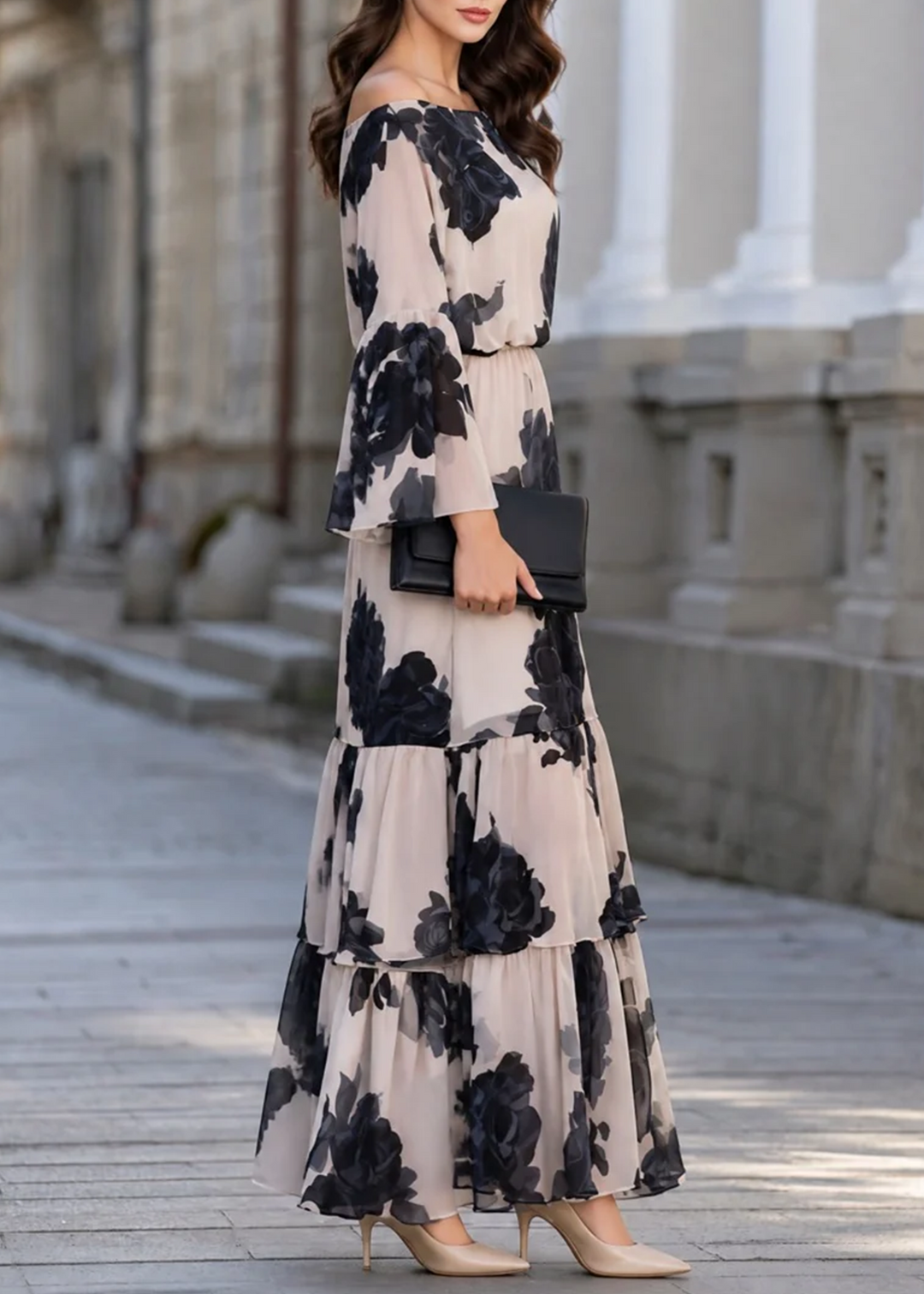 Elegant Beige Floral Off-Shoulder Tiered Maxi Dress with Bell Sleeve Ruffle Hem Bohemian