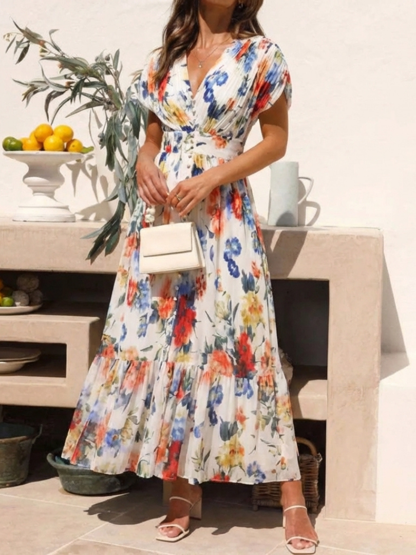 Elegant Ivory Floral Pleated Fall Wedding Guest Dress with V Neck Tiered Ruffle Flowing