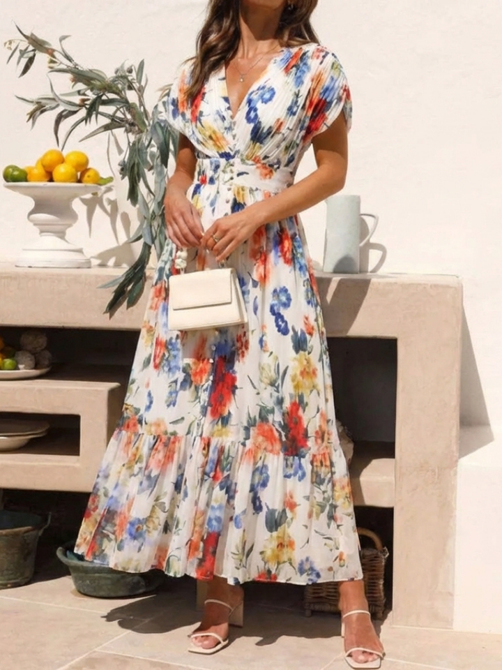 Elegant Ivory Floral Pleated Fall Wedding Guest Dress with V Neck Tiered Ruffle Flowing