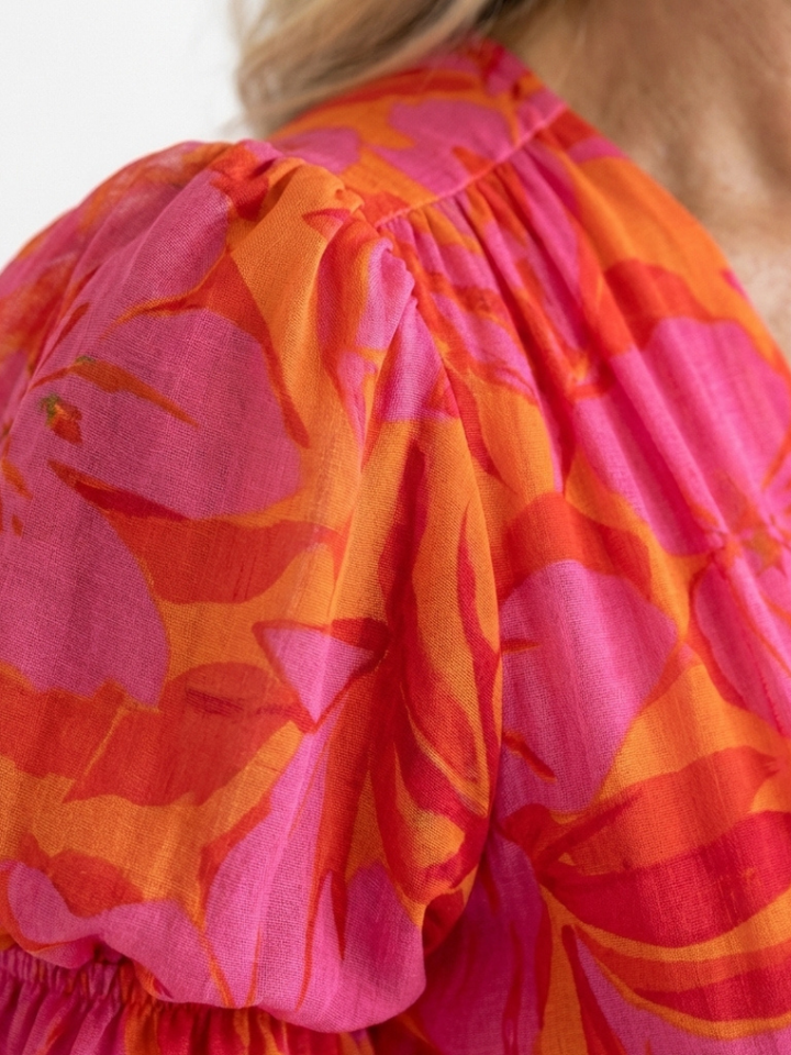 Elegant Pink Orange Floral Fall Wedding Guest Dress with V Neck Puff Sleeve Button Front