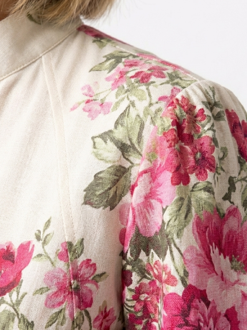 Elegant Pink Floral Autumn Wedding Guest Dress with Mandarin Collar Long Sleeve Belted