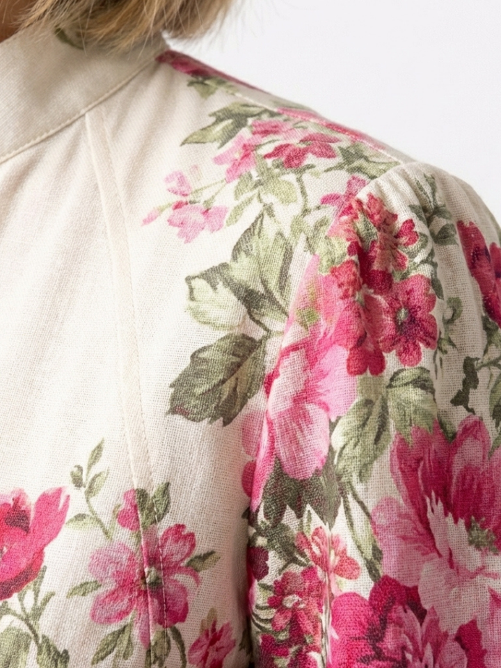 Elegant Pink Floral Autumn Wedding Guest Dress with Mandarin Collar Long Sleeve Belted