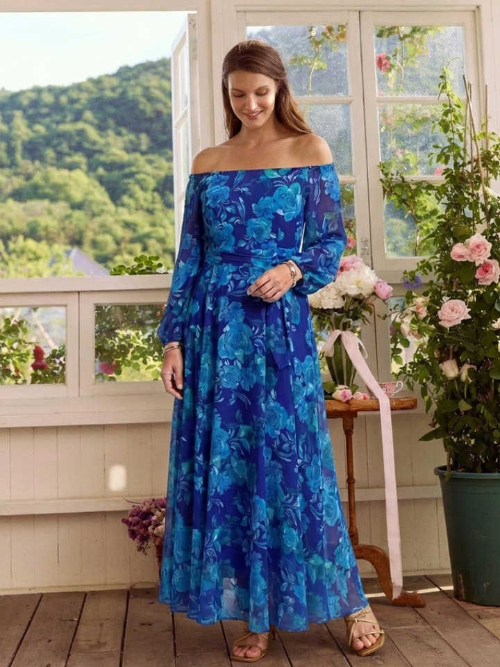 Elegant Blue Floral Fall Wedding Guest Dress with Off Shoulder Long Sleeve Sash Tie