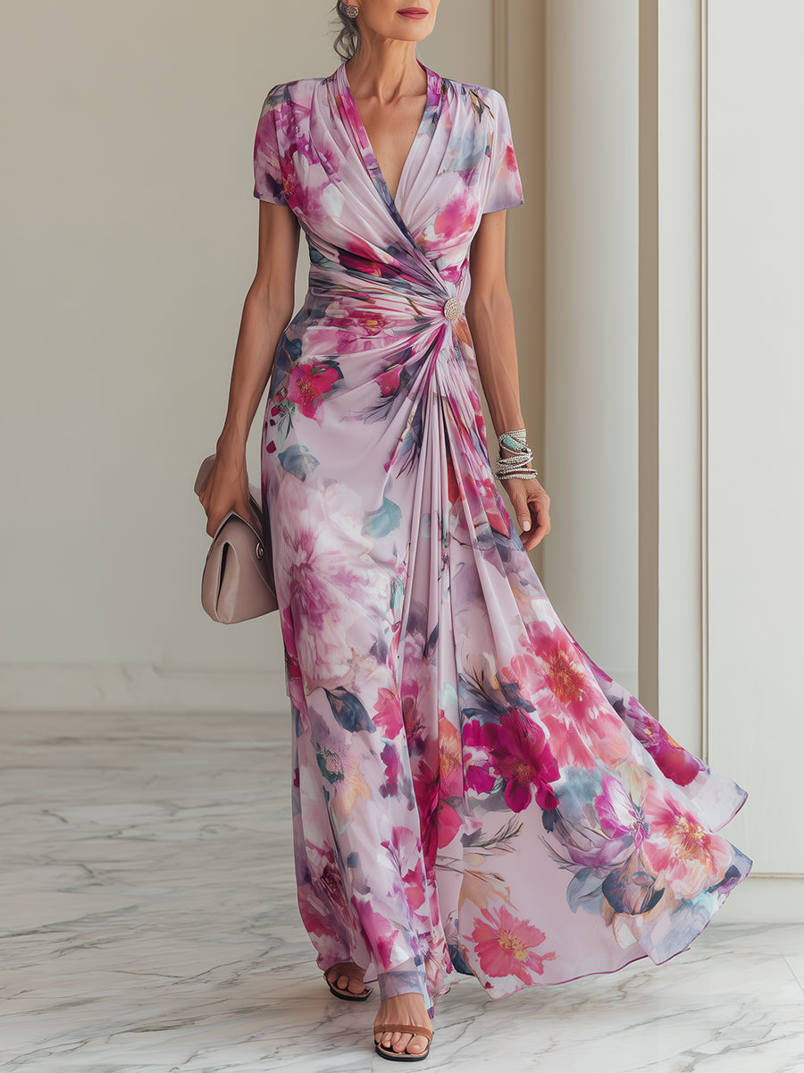 Elegant Floral Wrap Maxi Dress with V Neck Ruched Waist Formal Wedding Guest Style