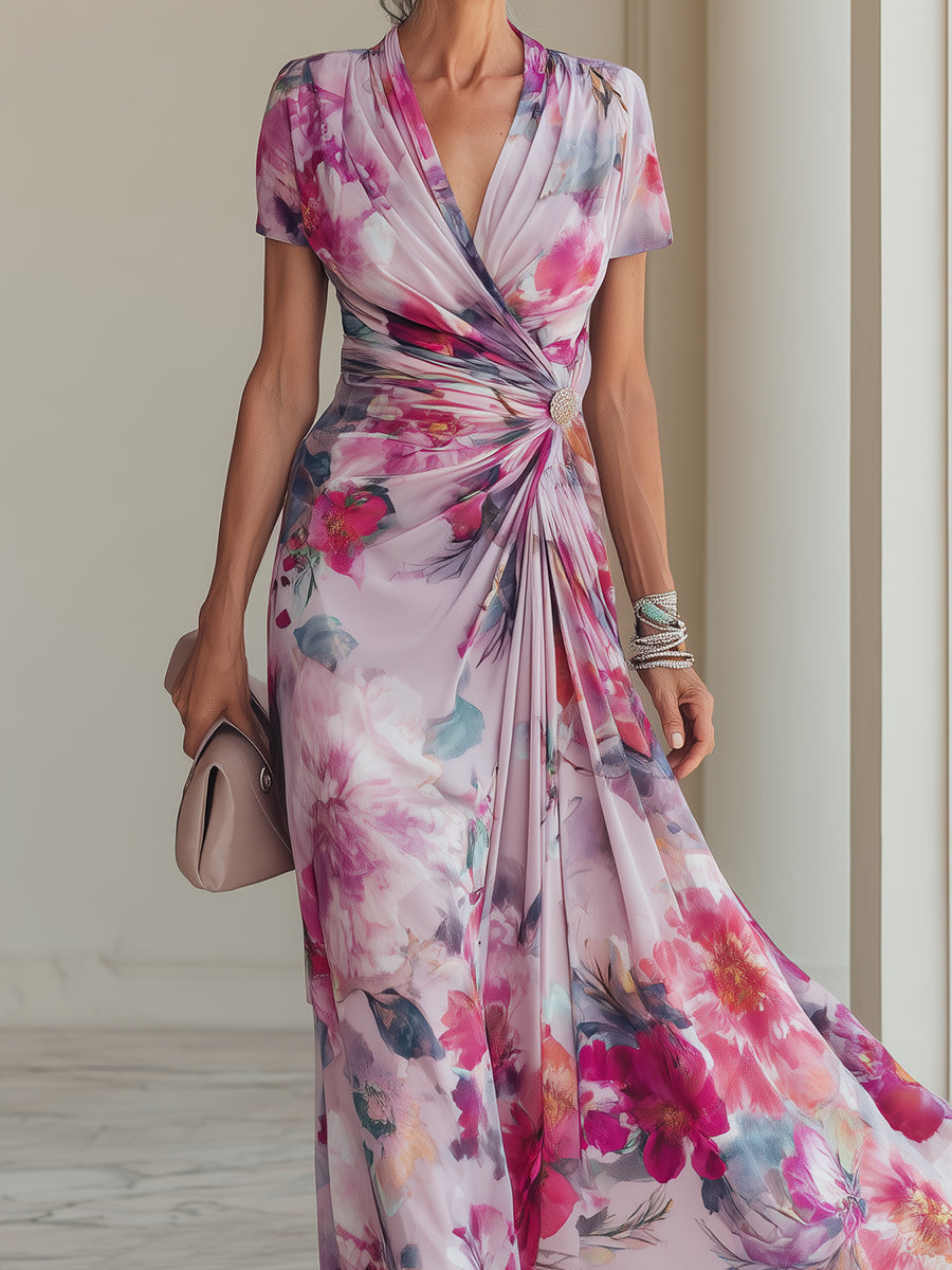 Elegant Floral Wrap Maxi Dress with V Neck Ruched Waist Formal Wedding Guest Style
